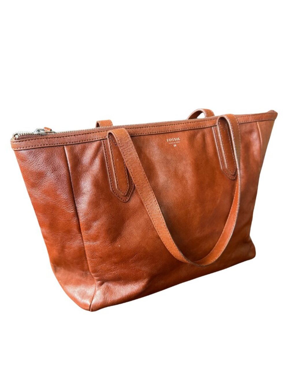 Fossil Sydney Large Leather Tote Cognac Saddle Tan Gold Hardware Like New